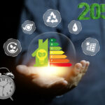 A digital image of an EPC chart in a persons hand, 2050 and alarm clock