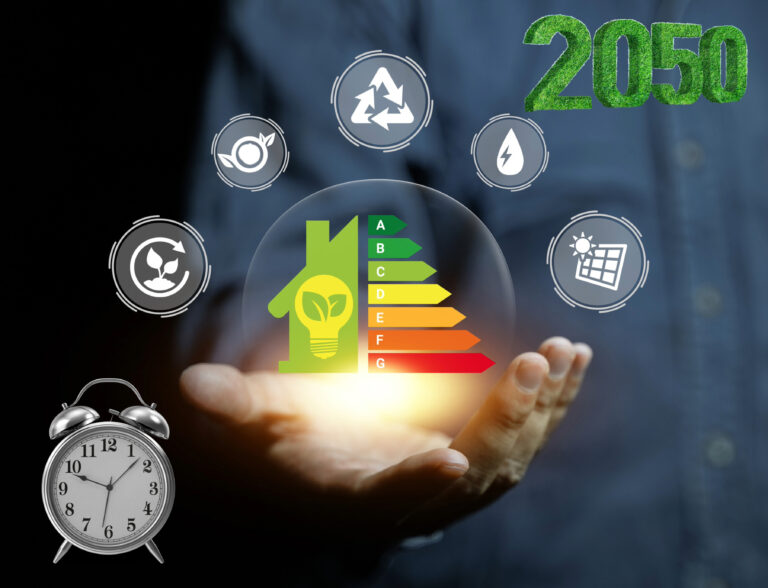 A digital image of an EPC chart in a persons hand, 2050 and alarm clock