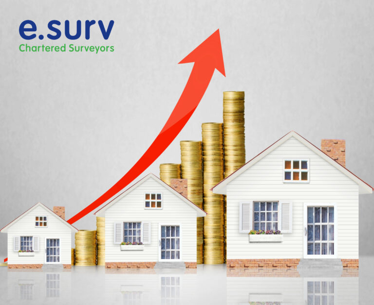 a row of three houses with stacks of coins and an upwards arrow