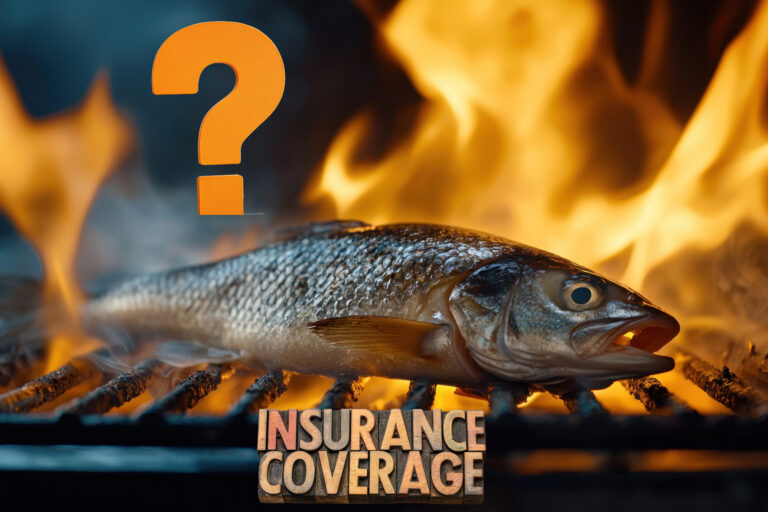 A fish on BBQ grill with a question mark and insurance coverage