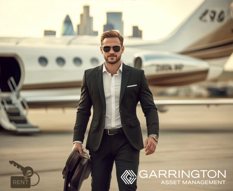 A businessman with a plane in the background