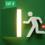 A green background and a figure of a person running towards an exit door