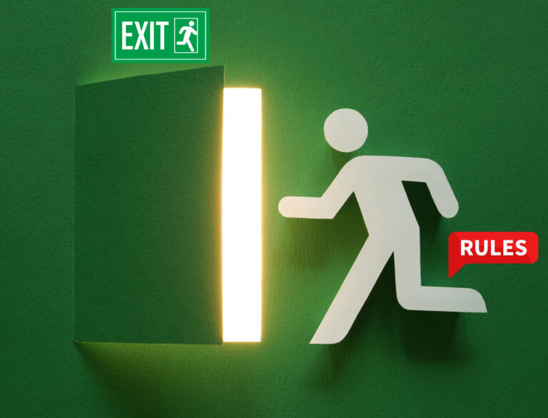 A green background and a figure of a person running towards an exit door