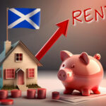 A Scottish flag on a model house, an arrow pointing upwards towards Rent and a pig next to the house