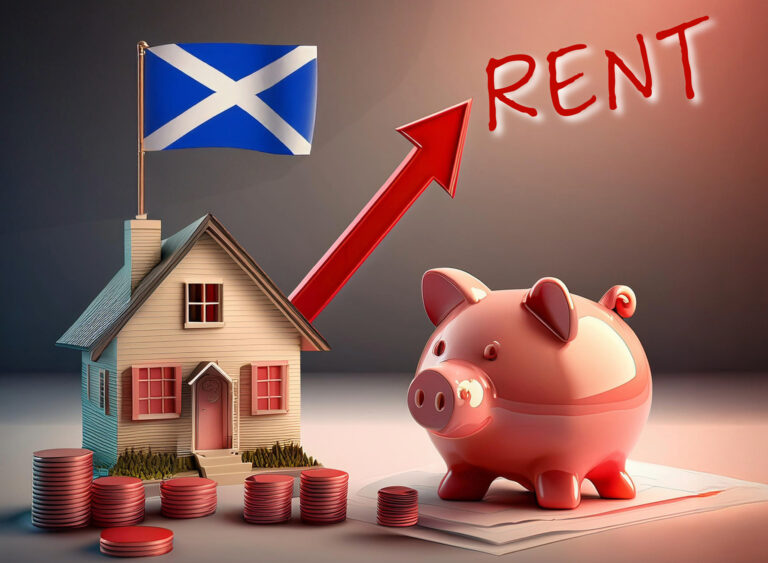 A Scottish flag on a model house, an arrow pointing upwards towards Rent and a pig next to the house