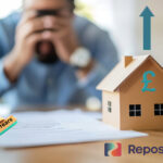 A person sitting at a desk with head in hands, a wooden house, an arrow pointing upwards above the house, and an arrears stamp