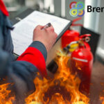 A person writing on a clipboard surrounded by flames and a fire extinguisher