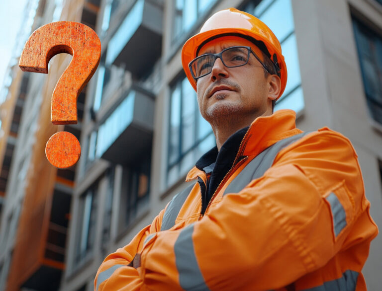 A construction worker and an orange question mark in front of a building