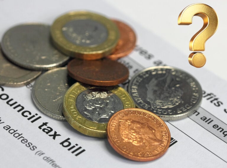 UK coins on a council tax statement with a question mark sign