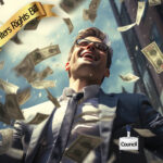 A businessman with UK bank notes floating around him with the text Renters Rights' Bill