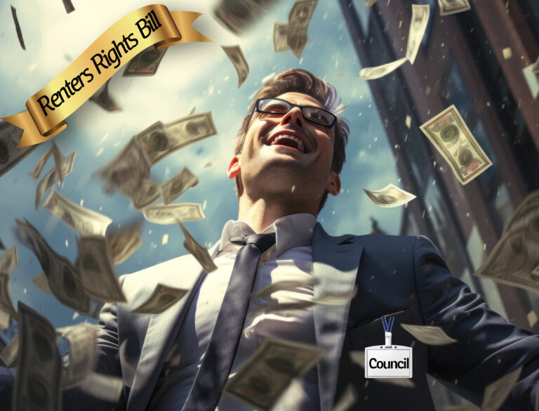 A businessman with UK bank notes floating around him with the text Renters Rights' Bill