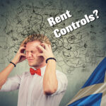Frustrated man with chaotic thoughts and Scottish flag, highlighting confusion over rent controls.
