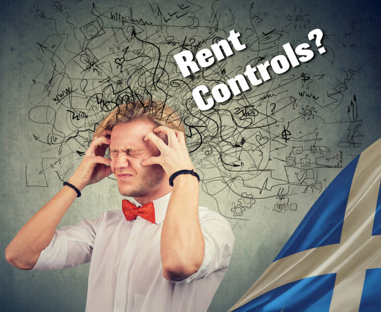 Frustrated man with chaotic thoughts and Scottish flag, highlighting confusion over rent controls.