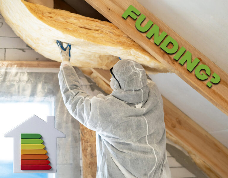A person fitting loft insultation and an EPC graph
