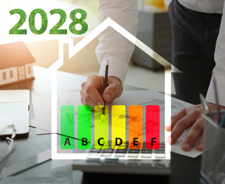 EPC graph surrounded by the shape of a home, 2028 and a person writing on a desk