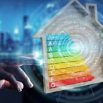 EPC image within a model of a home, a blue digital background