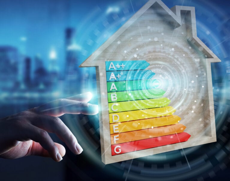 EPC image within a model of a home, a blue digital background