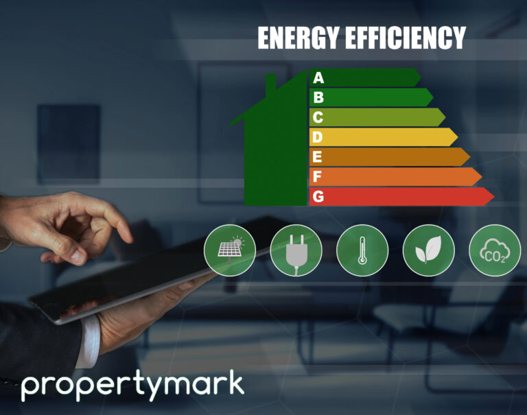 EPC graph with a person touching a digital screen, green round buttons with symbols and text Energy Efficency