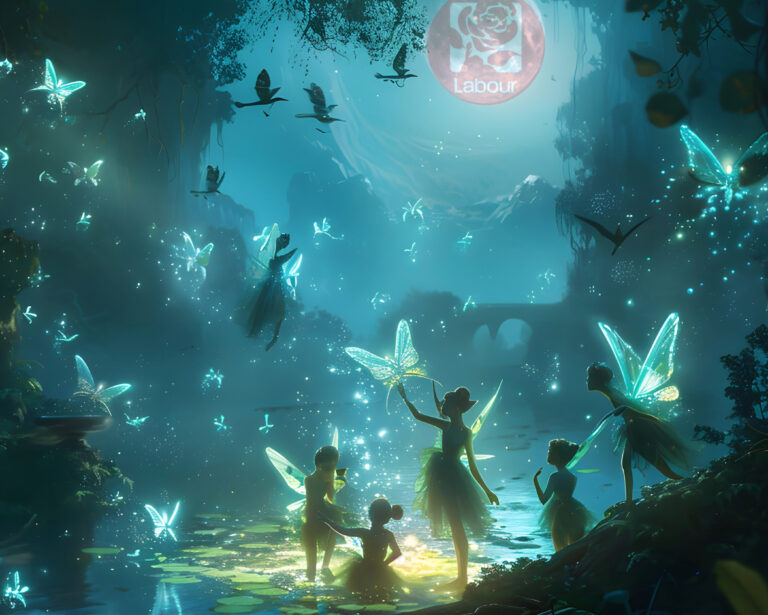 Fairies, a mystical night sky with the moon in the background