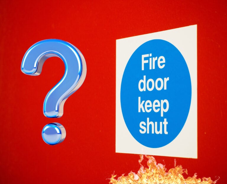Fire door keep shut sign and question mark sign with a red background