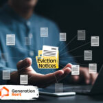 Person with eviction notices floating above their hands and Generation Rent logo