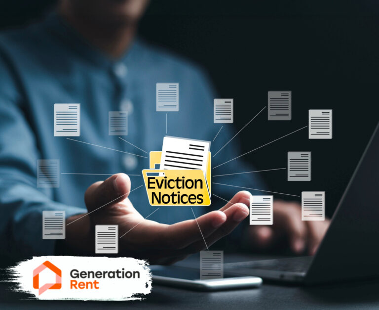 Person with eviction notices floating above their hands and Generation Rent logo