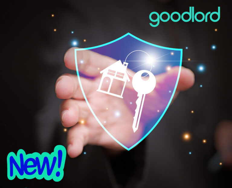 A hand holding a shield with a key and a house, the logo Goodlord and a black background