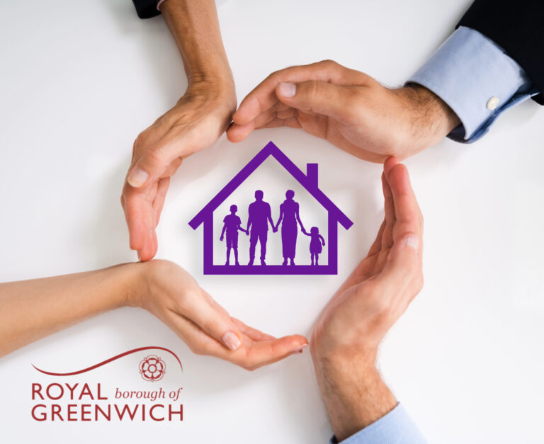 Hands in a circle with a purple outline of house and people figure inside