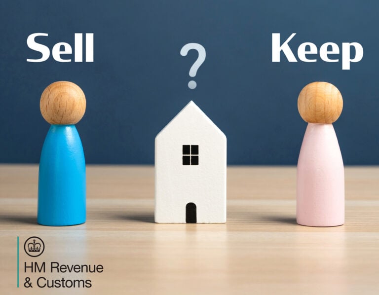 Sell, Keep text and a question mark above models of figures and a house in between on a desk, HMRC logo