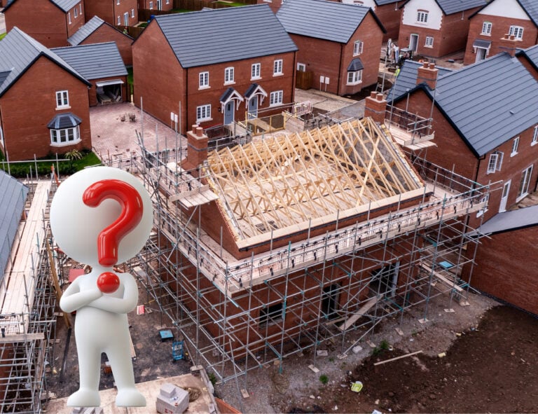 A house being built, surrounded by homes and a figure with a question mark