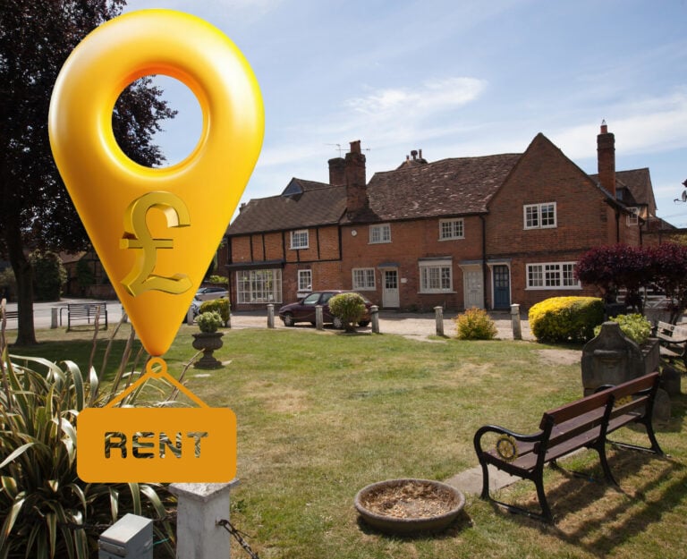 A yellow location pin above the words Rent, a row of houses in Buckinghamshire in the background
