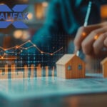 Halifax logo and digital houses with a graph and a person writing in the background