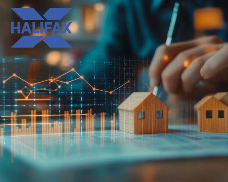 Halifax logo and digital houses with a graph and a person writing in the background