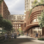 Waitrose shop in a built-up area showing apartments and restaurants