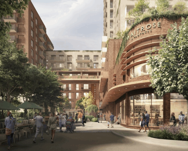Waitrose shop in a built-up area showing apartments and restaurants