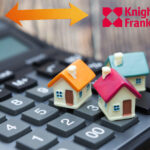 3 small Model houses sitting on a calculator, an arrow pointing right and left