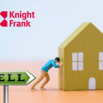 A man figure pushing a model house, Sell sign and Knight Frank logo