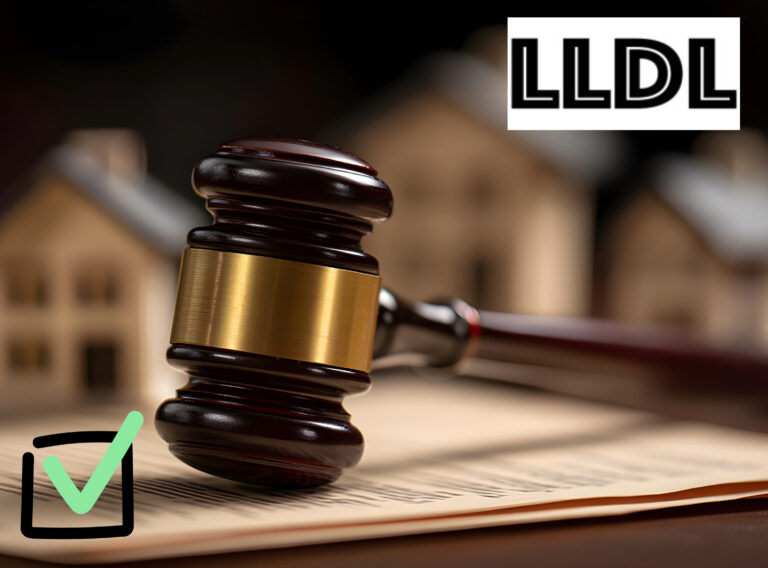 Courtroom justice hammer, on court papers and a green tick inside a box