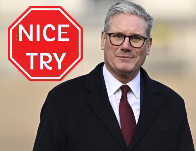 Picture of Kier Starmer and Nice try in red