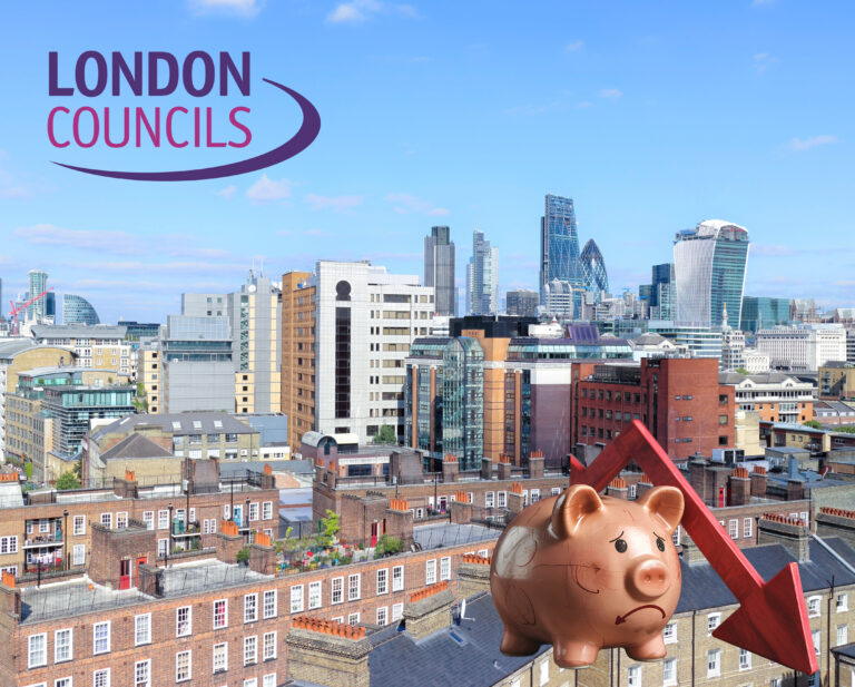 City of London with a pig and an arrow pointing down, London Councils text.