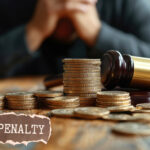 A person sitting infront of stacks of coins at a desk with a justice hammer and Penalty