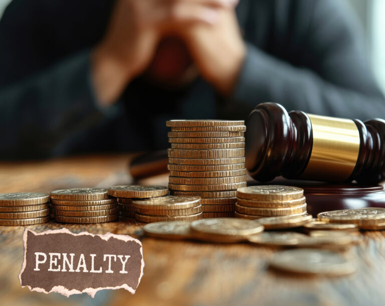 A person sitting infront of stacks of coins at a desk with a justice hammer and Penalty