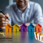 Small multi coloured model houses on a desk with a man in the background holding a pen and a LTD sign