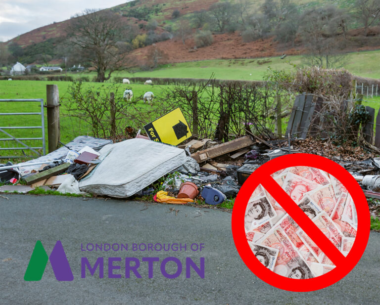 Rubbish left on a country lane, fields in the background and UK notes inside a red warning sign