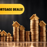Small houses on top of stacks of money and Mortgage Deals! sign