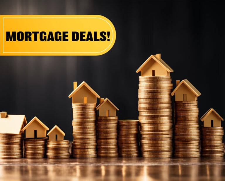 Small houses on top of stacks of money and Mortgage Deals! sign