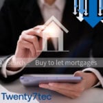 A person holding a calculator touching an image of a digital home and blue and white arrows pointing down