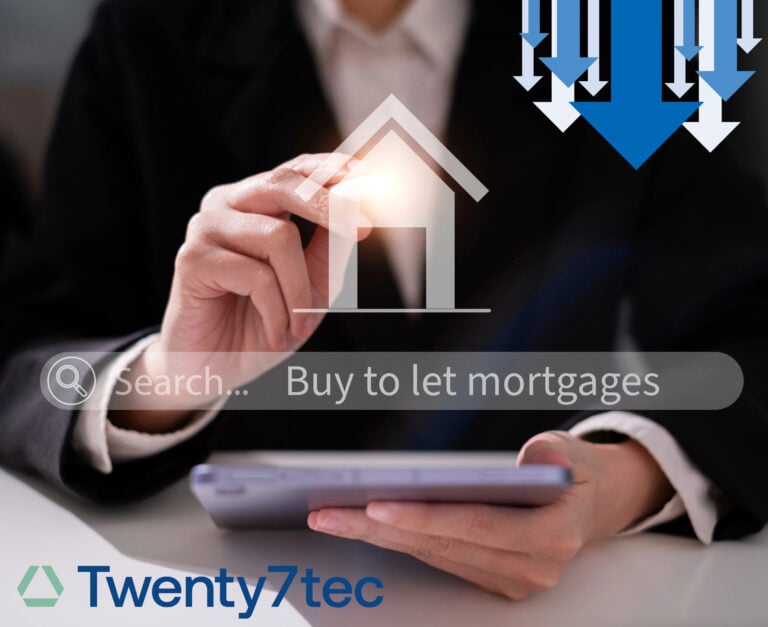 A person holding a calculator touching an image of a digital home and blue and white arrows pointing down