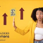 Women with arrows pointing upwards, a £ sign with a yellow background