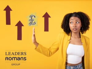 Women with arrows pointing upwards, a £ sign with a yellow background